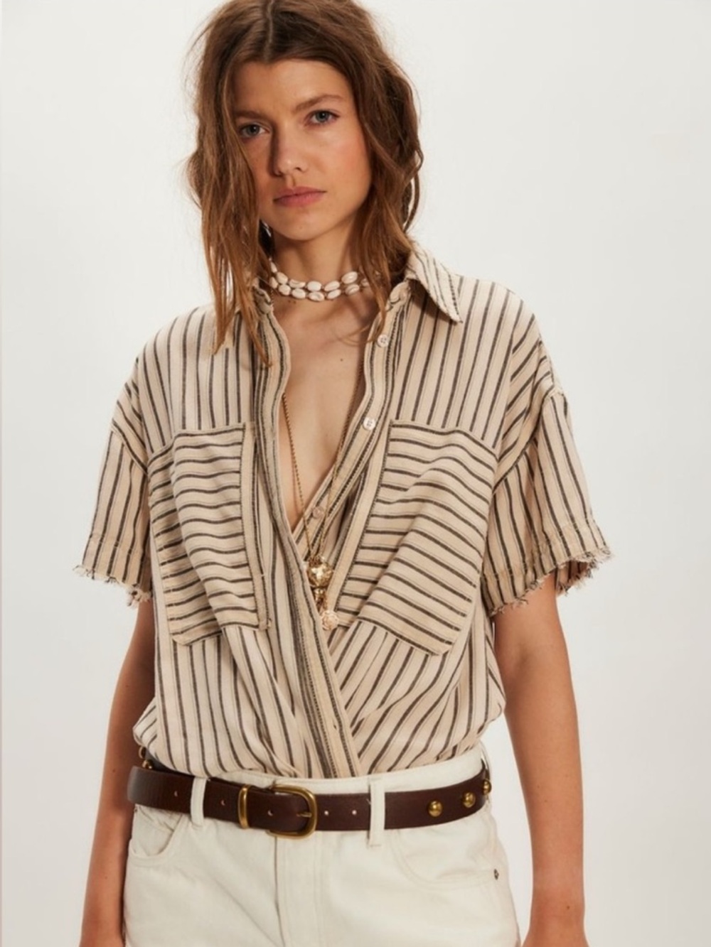 Striped Short-Sleeve Button Front Top in Beige